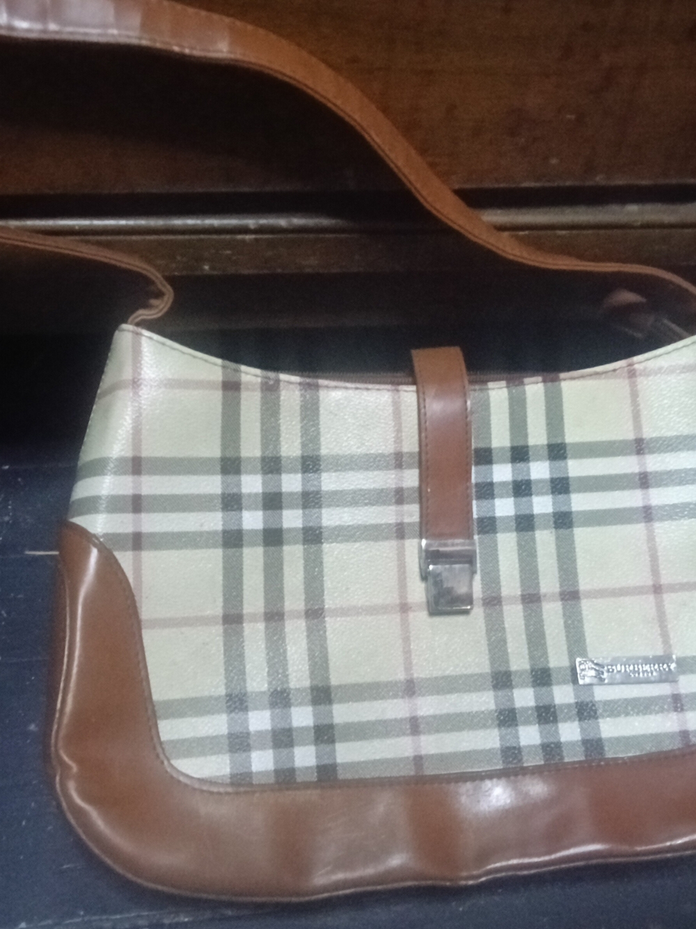 Burberry Beige Plaid Shoulder Bag with Brown Trim - Picture 1 of 6